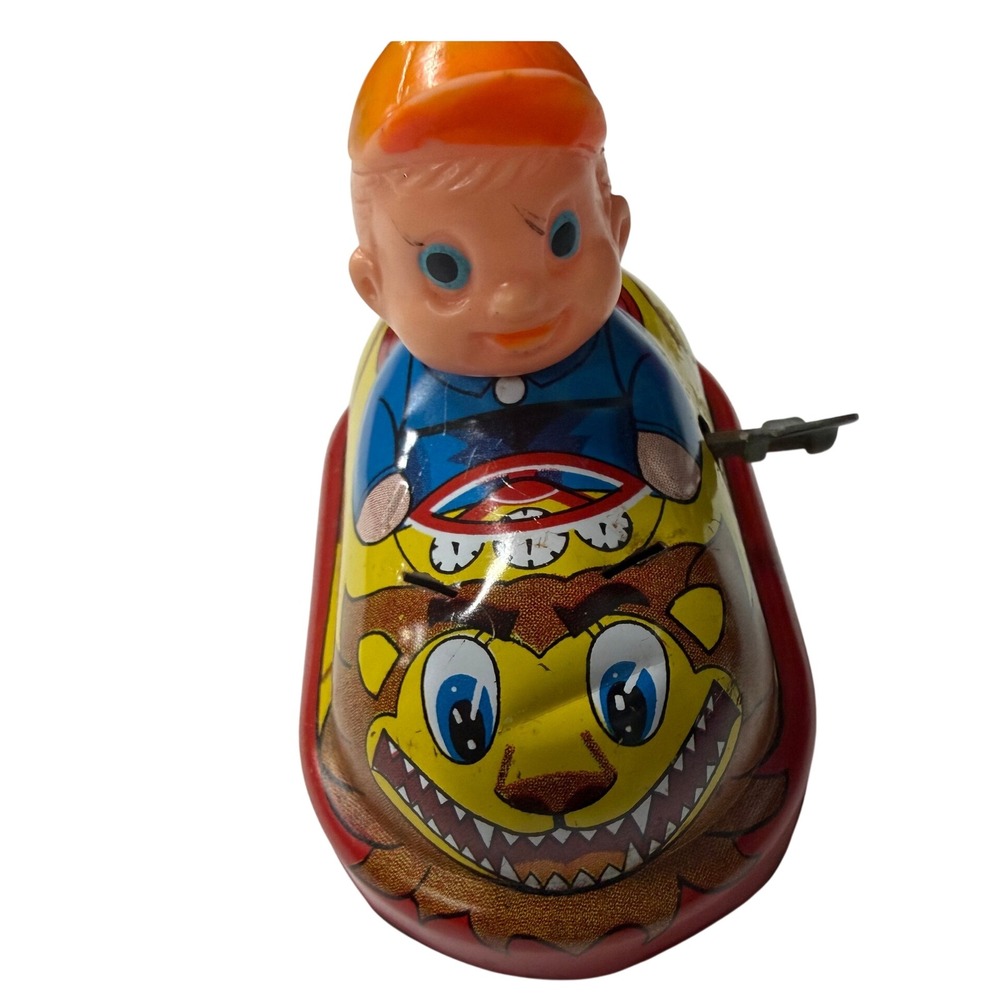 Vintage Japan Tin Wind Up Bumper Car Toy Lion Graphics